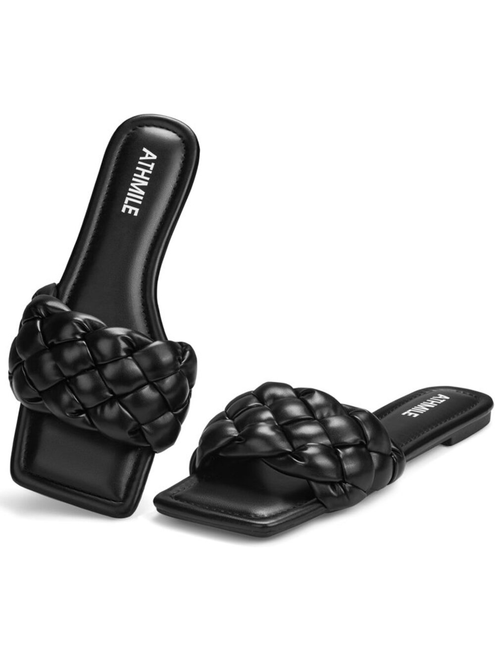 Women's Black Leather Causal Slip on Square Open Toe Fashion Slide Flat Sandals